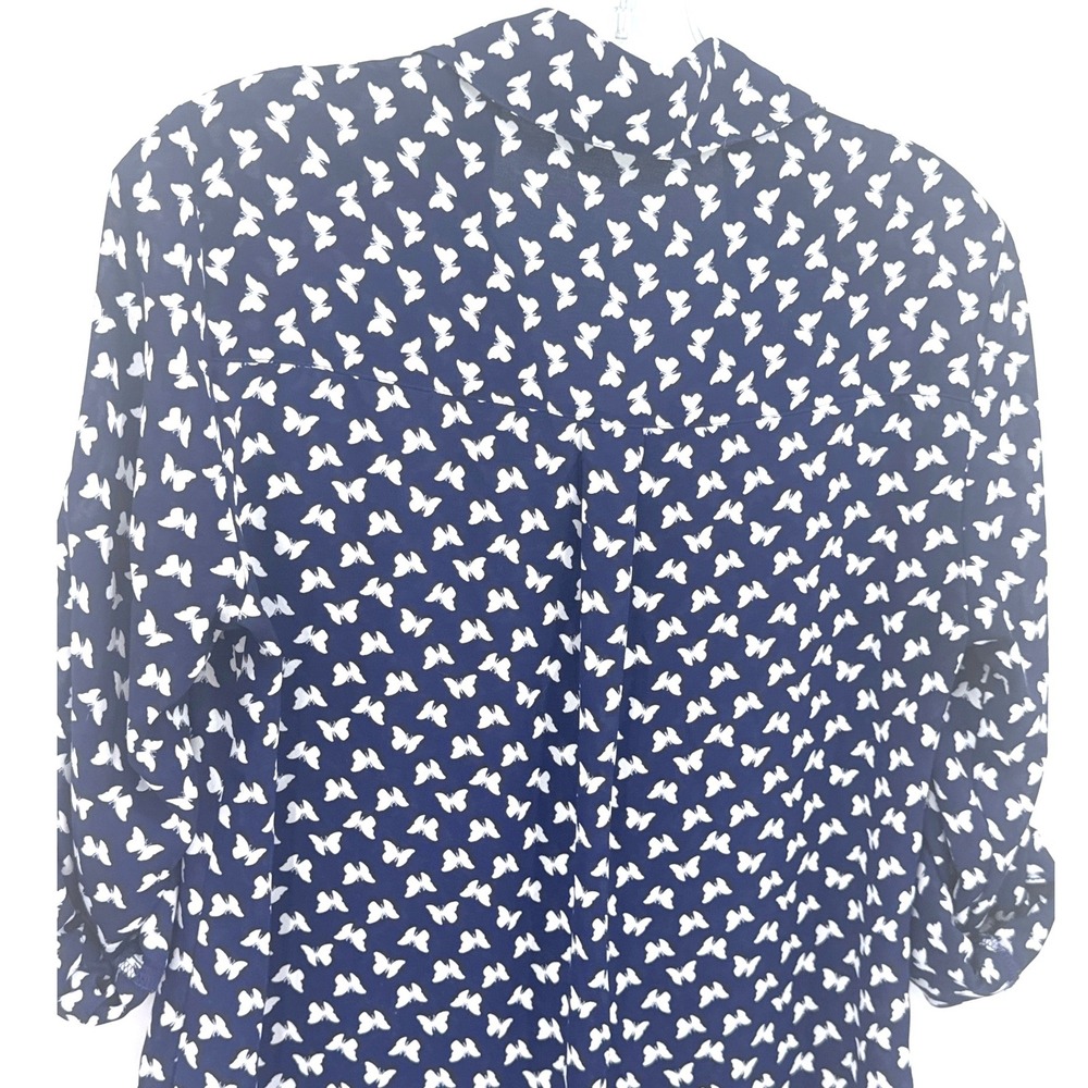 Express Portofino Butterfly Print Women's Shirt Size S Navy Blue Roll Tab Sleeve - Picture 8 of 8
